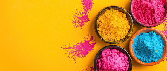 Holi festival background with colorful powder in bowls, wide yellow banner with copy space