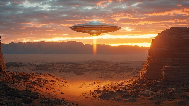 UFO flying over the desert at night. 3D illustration