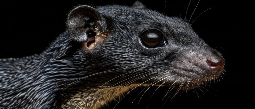 a close up of a small animal's face on a black background with a blurry image of the animal's face.