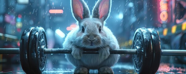 Picture a plump rabbit lifting weights against a neon cityscape backdrop - obrazy, fototapety, plakaty