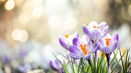 Fotobehang Bright spring crocus flowers with shiny drops of dew on light background with bokeh and highlights. Template for spring card, copy space, banner © ximich_natali