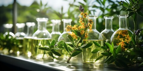 Extracting Natural Essences from Green Herbal Leaves and Flowers in the Laboratory. Concept Nature, Lab Research, Herbalism, Botanical Science, Essential Oils - obrazy, fototapety, plakaty