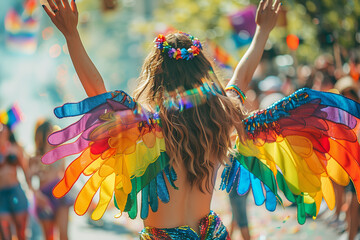 LGBTQ+ Parade: Woman with Rainbow Wings Marching Amid Colors of the LGBT Flag, Celebrating Love and Sexual Freedom on City Streets.