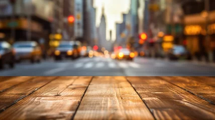 Photo sur Aluminium TAXI de new york The empty wooden table top with blur background of NYC street. Exuberant image. generative AI