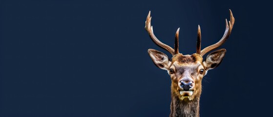 a close - up of a deer's head with antlers on it's head, against a dark blue background.