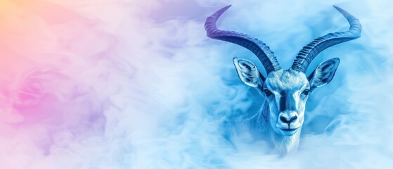 a blue horned animal with long horns on a blue and pink background with clouds of smoke and smoke behind it.