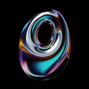 3D glossy holographic number 0 in retro futuristic Y2K style font, glass or liquid metal in neon rainbow colors. Zero numeral sign render in inflated balloon bubble shape. Isolated vector