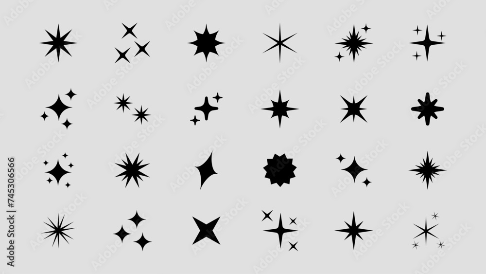 Wall mural set of original star sparkle shapes. abstract shine effect vector sign. retro futuristic bright vect