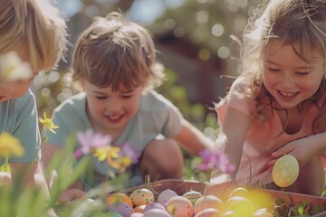 Children in slow motion Gleefully gathering easter eggs during a festive hunt in a vibrant garden