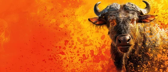 Gordijnen a bull with large horns standing in front of an orange and yellow background with spots on it's face. © Jevjenijs