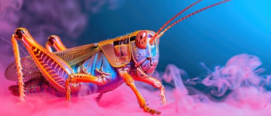 a close up of a grasshopper insect on a pink and blue background with smoke in the foreground and a blue sky in the background.