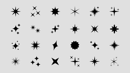 Set of original star sparkle shapes. Abstract shine effect vector sign. Retro futuristic bright vector icons collection. Glowing light effect, twinkle templates stars and bursts, shiny flash.