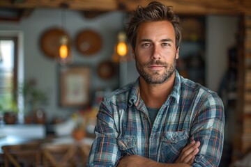 Obraz premium A casually dressed man with crossed arms standing in a homey setting, looking pensive and confident