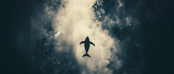 a black and white photo of a shark swimming in the ocean with clouds and stars in the sky in the background. - obrazy, fototapety, plakaty