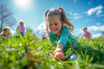 Children joyfully searching for easter eggs in a lush green field under a bright summer sky