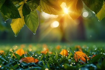 A serene scene with sunlight piercing through fresh green leaves covered in dewdrops on a misty morning - Powered by Adobe