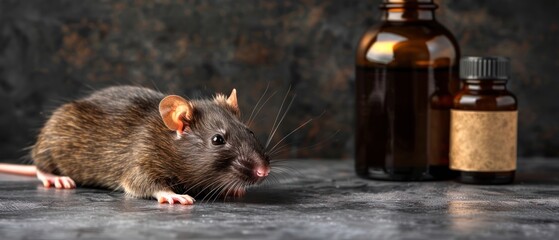 a rat sitting on a table next to a bottle of pills and a bottle of medicine on a dark background.
