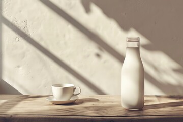 Fototapeta na wymiar Hyper-realistic milk bottle and cup on wooden table with sunlight and shadows.