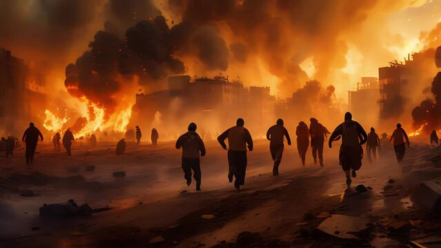 People running from explosions and fires in the city