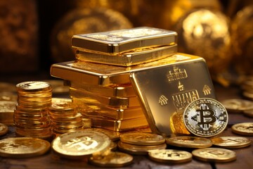 Gold bitcoin cryptocurrency coin on stack of shiny bars, wealth and investment concept