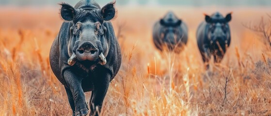 Fototapeta na wymiar a hippopotamus running through a field of tall grass with other hippopotamus in the background.