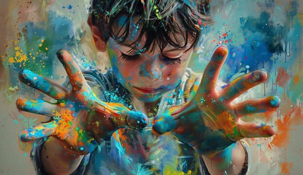 a young boy's hands with colored powder on them