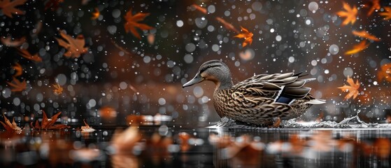 a duck floating on top of a body of water next to a forest filled with orange and brown leaves on a rainy day.
