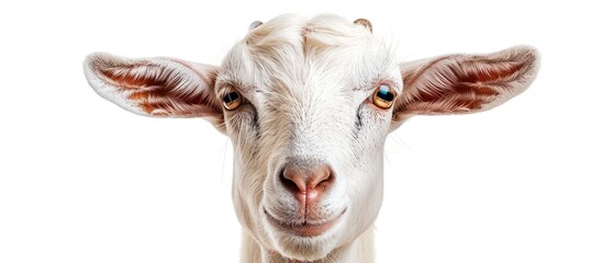 a close - up of a goat's face with a blue - eyed look on it's face.