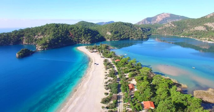 mediterranean bays and beach blue water sky drone footage aerial green pine trees oludeniz blue lagoon famous fethiye oludeniz turkey fethiye above