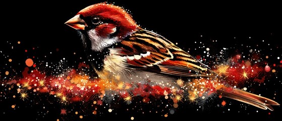 a painting of a bird sitting on a branch with red and yellow lights coming out of it's feathers.