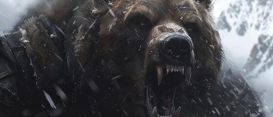 a grizzly bear with its mouth open and it's mouth wide open in front of a snowy mountain. - obrazy, fototapety, plakaty