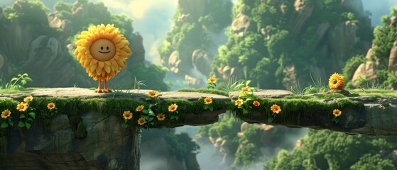 a sunflower sitting on top of a cliff with a smiley face on it's head and another sunflower sitting on the edge of the cliff. - obrazy, fototapety, plakaty
