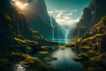 Beautiful fantasy landscape Fantasy landscape with sandy glaciers and purple crystal. Concept art. fantasy - obrazy, fototapety, plakaty