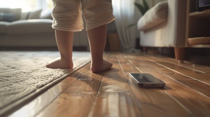 Baby feet doing the first steps. Baby's first steps. Child's bare feet on a wooden floor in front of a window. A lonely kid standing in front of a window in the room in the morning. Generative ai
