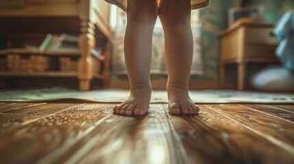 Baby feet doing the first steps. Baby's first steps. Child's bare feet on a wooden floor in front of a window. A lonely kid standing in front of a window in the room in the morning. Generative ai - obrazy, fototapety, plakaty