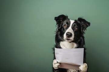 Border collie Dog holding a white empty paper sheet on a green background. copy space