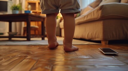 Baby feet doing the first steps. Baby's first steps. Child's bare feet on a wooden floor in front of a window. A lonely kid standing in front of a window in the room in the morning. Generative ai