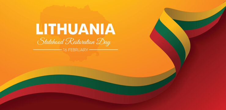 Lithuania Statehood Restoration Day map  16 February flag ribbon vector poster