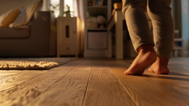 Baby feet doing the first steps. Baby's first steps. Child's bare feet on a wooden floor in front of a window. A lonely kid standing in front of a window in the room in the morning. Generative ai