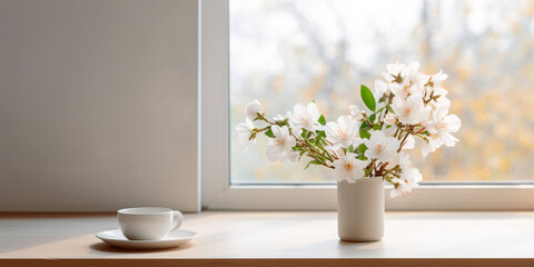 coffee and flowers on kitchen table in the kitchen
