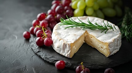 Camembert brie cheese with herbs on a rustic wooden background.
