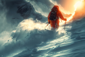 Man Walking Up Snow Covered Mountain - obrazy, fototapety, plakaty