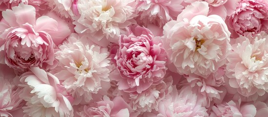 A collection of vibrant pink peonies in full bloom, displayed against a wall. The flowers create a stunning vintage floral background, suitable for various purposes such as wallpaper or cover design.