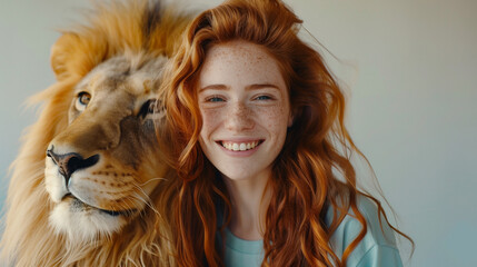 Cheerful Red-haired Model Poses Alongside Serene Lion - Isolated Background