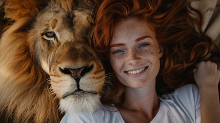 Closeup Portrait of Smiling Woman with Red Hair Embracing Tranquil Lion