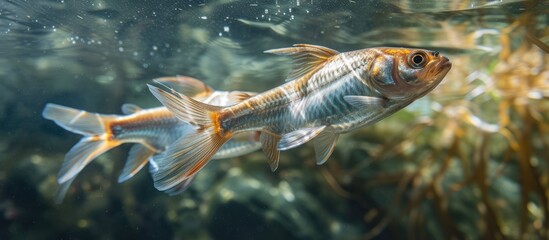 A close-up view of Sarpa Salpa fishes swimming together in an aquarium, captured in natural lighting. The colorful scales and graceful movements of the fish are prominent in the frame.