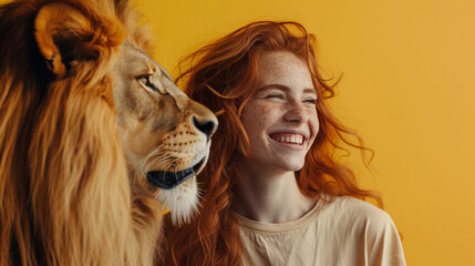 Joyful Young Woman with Freckles Embraces Serene Lion - Closeup Portrait