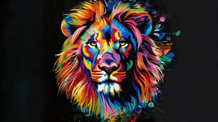 A colour lion portrait on black background