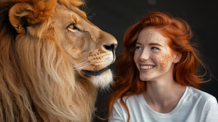 Closeup of Happy Woman with Wavy Red Hair Standing Beside Gentle Lion