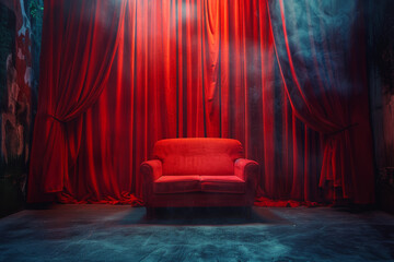 Empty red chair in a smoky room lined with red curtains - obrazy, fototapety, plakaty